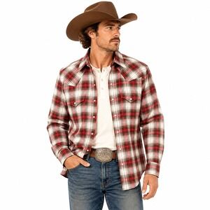 Ely Cattleman Western Shirt Men Large Red Plaid Excellent Pearl Snap Wrinkle Res